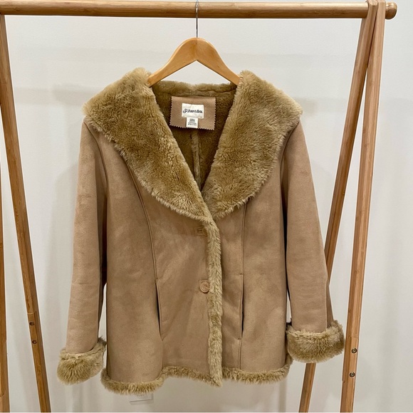 Vintage Faux Suede Faux Fur Lined Collared Penny Lane Jacket Coat in Camel/Tan - Picture 2 of 6